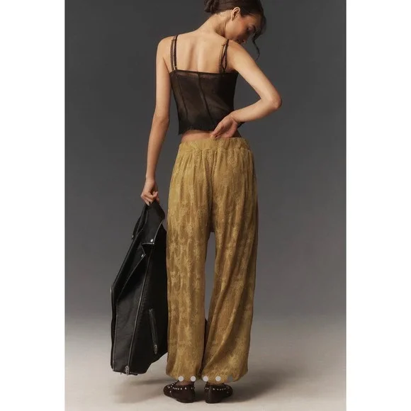Anthropologie Maeve Floral Lace Harem Pants Mustard Gold Pleated Balloon Leg XS - Picture 4 of 5